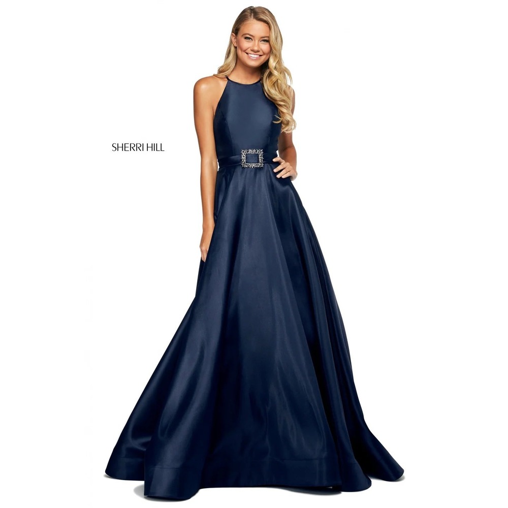 Sherri Hill‎ 53659 Mikado A-Line Halter Gown – Size 4 – Navy – NWT